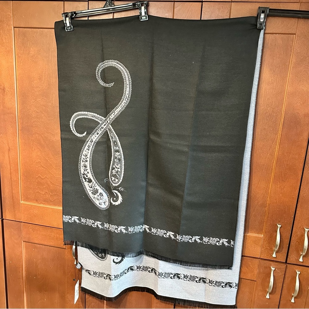 NWT Long warm gray and black reversible scarf